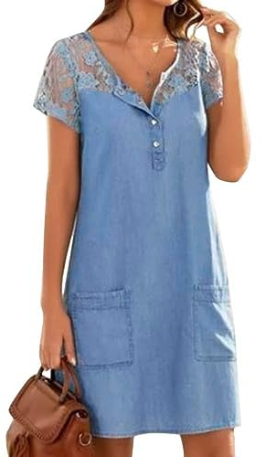 ORANDESIGNE Robe en Jean Court Manches Courtes V Costume Vintage Denim Elégante Slim Fit Casual Chemisier Mini