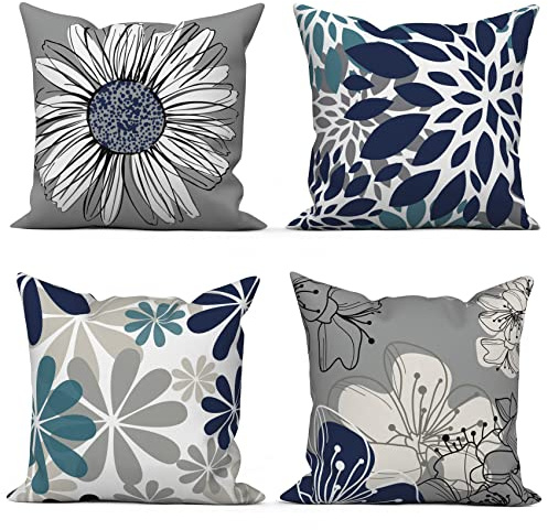 ASDCXZ Blau Kissenbezug 40x40 cm 4er Set, Nordeuropa Modern Blumen Blau Grau Sofa Dekokissen Kissenbezüge Kissenhülle Waschbar Polyester Leinen Textil Polster Kopfkissenbezug Kissen Bezug