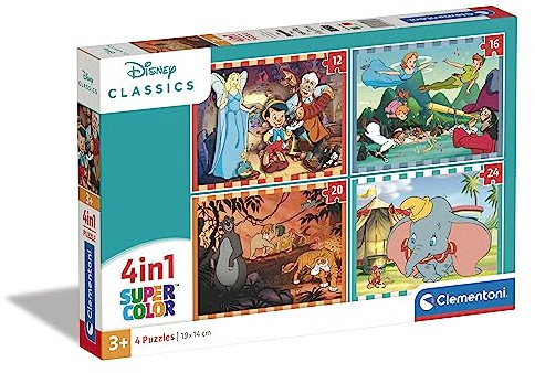 Clementoni - 21523 - Supercolor Puzzle - Disney Classics Animals - 4 Puzzle da 12,16,20 e 24 Pezzi - Puzzle Bambini 3 Anni, Puzzle Cartoni Animati - Made In Italy