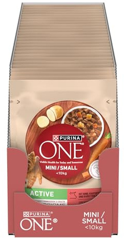 PURINA ONE Mini/Small Active Hundefutter nass für kleine Hunde, reich an Rind & Gemüse, 26er Pack (26 x 85g)