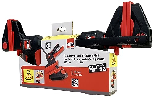 BESSEY 2x Einhandzwinge mit drehbarem Griff EZ360-SET, Spannweite 300 mm Ausladung 80 mm, einfaches Überkopfarbeiten, Innovativer 360° Dreh-Mechanismus