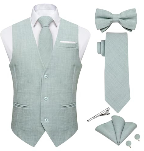 DiBanGu Herren-Anzugweste aus Leinen, legere Weste, Krawatte und vorgebundene Fliege, Set mit 6 Stück, einfarbig, für Hochzeit, Party, Mintgrün, XXX-Large