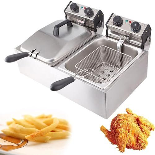 JIANGSS Friggitrici elettriche 6QT/12QT, Grande Padella Commerciale in Acciaio Inossidabile, Temperatura Regolabile 50-200°C, friggitrice Senza fumi con cestelli e coperchi, per Patatine Fritte,6L*2
