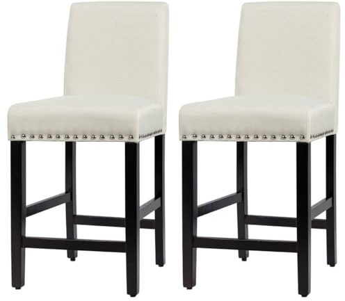 GiantexUK Bar Stools Set of 2, Upholstered Linen Fabric Barstools with Backrest, Rubber Wood Legs, Footrests & Adjustable Foot Pads, Breakfast Bar Chairs for Kitchen Dining Living Room (Beige)