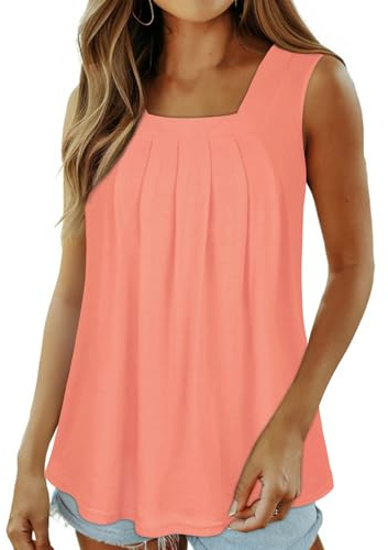 florynova Women Vest Tops Summer Sleeveless Tank Tops Square Neck Loose Fit Blouse Shirt(Coral,L)