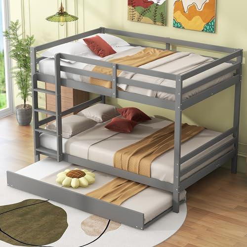 Moimhear 140 * 200cm Etagenbetten, Kinderbetten, Etagenbetten mit Ausziehbett, Hohe Geländer, Stabile Treppe (Grau)