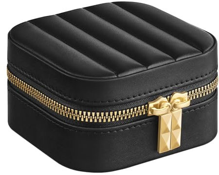 SONGMICS HOME ANAH Colección - Joyero de Viaje, Estuche Pequeño para Joyas con Espejo, 10,5 x 10,5 x 6 cm, Superficie PU con Costuras, Portátil, Cremalleras, Idea de Regalo, Negro Tinta JBC179B01