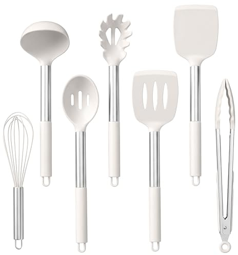 Homikit Silikon Küchenhelfer Set, 7-Teiliges Antihaft Kochutensilien Kochbesteck mit Edelstahlgriff, Hitzebeständiger Küchenutensilien zum Kochen, Leicht zu Reinigen & Spülmaschinenfest, Weiß