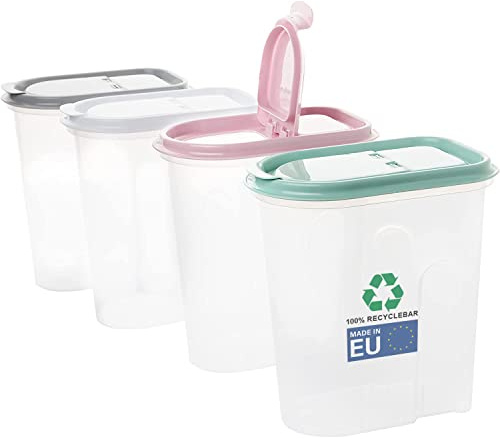 SUSTANIA Vorratsdosen 4er Set Mix 2L, Schüttdosen, transparent mit Klappdeckeln, Müslispender, aus Kunststoff, ideal z.B. für Müsli, Made in Europe, 100% recyclebar