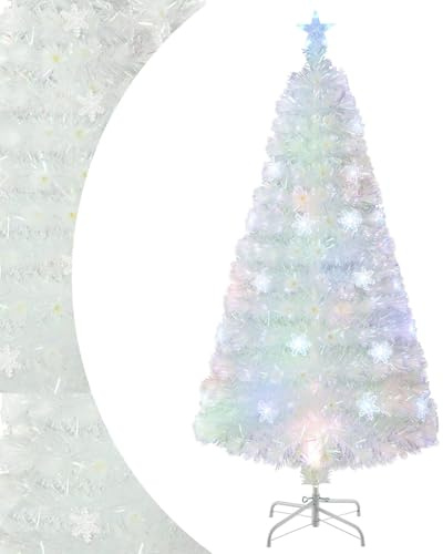 SPOTRAVEL 5FT Artificial Christmas Tree White Fiber Optic Xmas Tree(150cm) | with 24 Snowflake Lights & 170 Branch Tips, Holiday Pre-lit Decoration Tree for Home Party