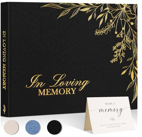 Lanpn Funeral Guest Book for Memorial Service, Linen in Loving Memory Registry Guest Book, Funeral Favors Sign in Books for Guests Celebration of Life Memory Book for Funeral with Table Sign, Black