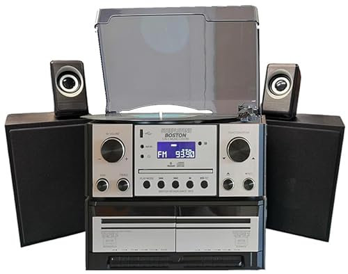 Boston+ Compatible with Steepletone Boston USB RECORDING Retro Music Centre, CD Player, Record Player, TWIN Cassette, Radio, Bluetooth, Remote, Stereo Speakers + DTL Amplified Speaker Set 2