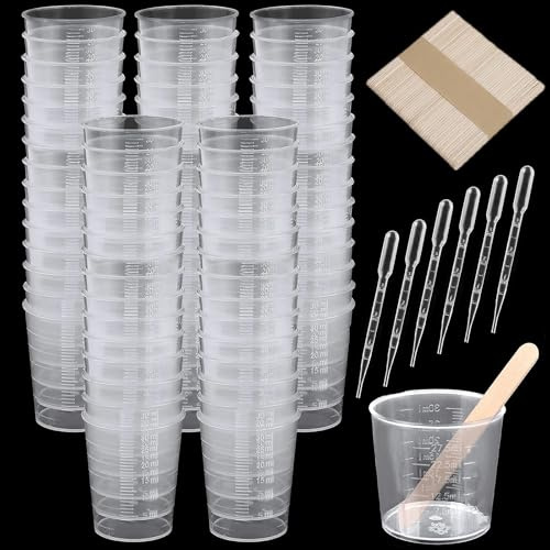 Messbecher Kunststoff, 60 Stück 30ml Messbecher, Wiederverwendbar Farbmischbecher, Präzisions Messbecher mit Waage, Messbecher Set mit 60 Stk Holzstäbchen und 20 3ml Pipette, für Stain, Epoxy