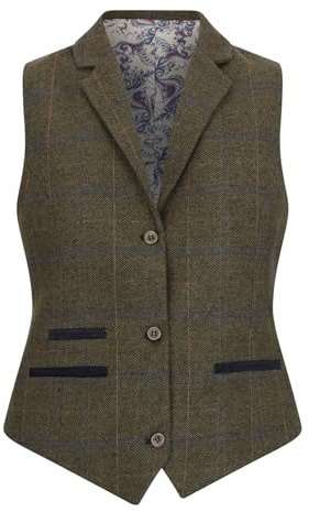 TruClothing Gilet blazer da donna in tweed misto lana verde oliva a scacchi a spina di pesce, Gilet verde oliva, 52