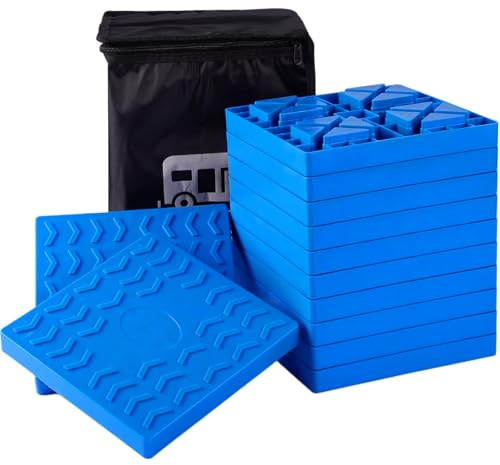 Keltrion Upar/RV Utjämningsblock, 12 paket lämpliga för 4 hjul, sammankopplad och halkfri design med bärväska, kraftig för husbil, husvagn, blå