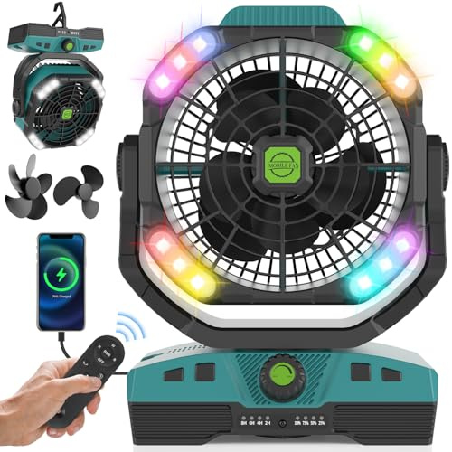 RUNTOP Ventilador de camping recargable de 20000 mAh, oscilante con pilas, luz LED/RGB y control remoto