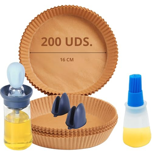 Mypicompany. Papel Freidora Aire. 200 Ud. Papel para Freidora de Aire de 16cm+Guantes silicona+2 Aceiteras con Brocha. Papel Air Fryer Redondo. Moldes Papel Freidora de Aire Antiadherente.