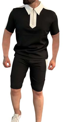 2-teiliges Set für Herren, leichter und bequemer Sportanzug für den Sommer, Strand, 2-teiliges Set mit Hemden und Shorts mit Reißverschluss, Trainingsanzug für Herren, Schwarz , XL