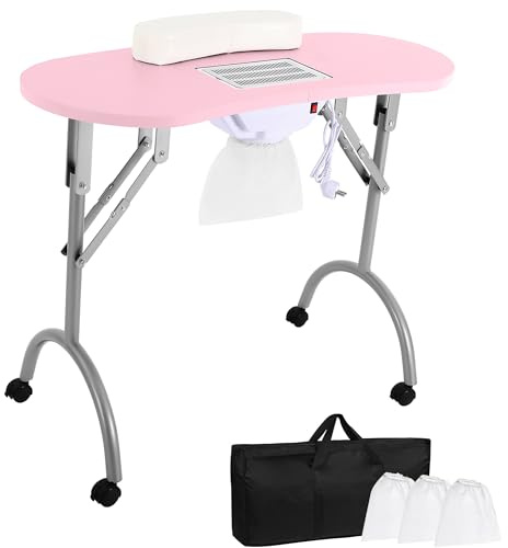 Table de manucure avec aspiration, 5,5W Table de manucure pliable avec roulettes, Aspirateur portable pour ongles avec 3 sacs à poussière et sac de transport pour salons de manucure, salons de beauté