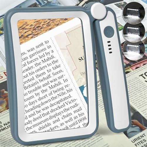 Magnifying Glass for Reading, Rechargeable 5X Large Page Magnifier with Light, Folding Handheld Dimmable Rectangle Lighted Magnifier for Reading Book Small Print for Seniors Low Vision, Blue White
