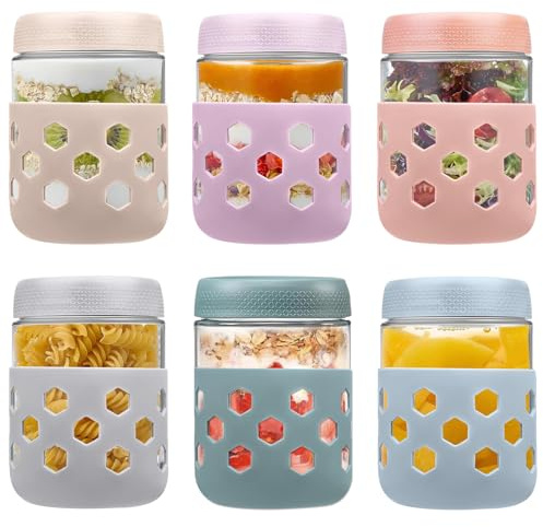 6 Pcs 16oz Overnight Oats Jar, Glass Jar with Screw Lid Leakproof Overnight Oats Container and Protective Silicone Sleeve, Yogurt Jars, Oatmeal Salad Jars, for Cereals Milk Fruit, ( 6 Colors 480ml )