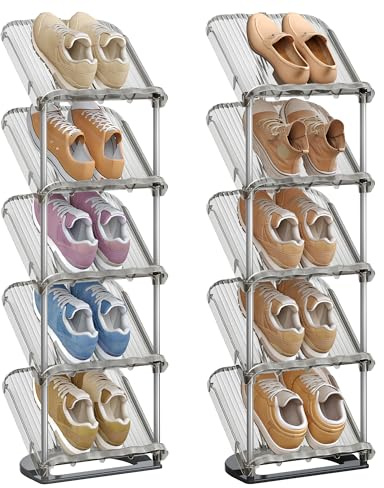 SONGMICS skoställ, 5 nivåer, set om 2, lutande skoställ, skoförvaring, plast, 24,5 x 28,4 x 102,5 cm, flexibelt kombinerbar, entré, hall, omklädningsrum, grå LPC050GZ01