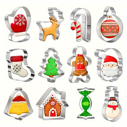 12 Pcs Christmas Cookie Cutters Set,Stainless Steel Xmas Biscuit & Pastry Cutter Shapes for Baking,Reusable Gingerbread Man,Christmas Tree,Reindeer & More Holiday Cookie Molds