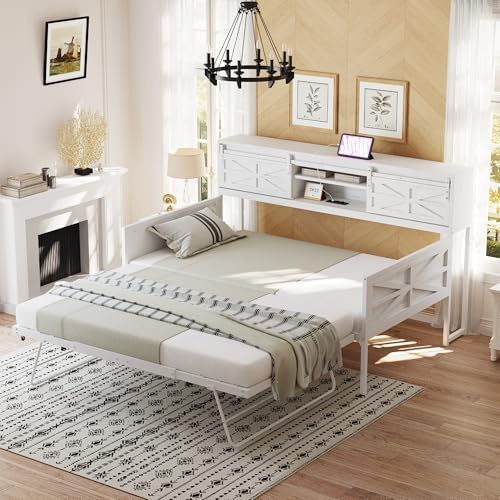 Zravenna Vintage Metallbett Sofabett 90x200cm mit Ausziehbett 90x190cm, Ausziehbares Einzelbett mit Mehreren Ablagefächern, Multifunktionales Gästebett Eisenbett (Weiß)