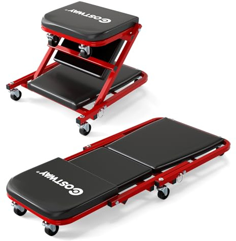 COSTWAY Camilla Mecánico 2 en 1, Taburete Taller Plegable con Asiento Acolchado y 6 Ruedas Universales, Taburete Convertible para Taller, Reparación de Autos, Carga hasta 150 kg (Negro)