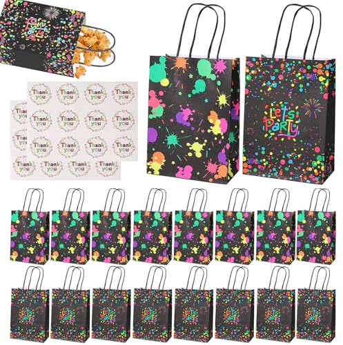 18 Stück Neon Party Deko Papiertüten mit Henkel, Glow Kleine Papiertüten | Geschenktüten Kindergeburtstag, Mitgebsel Tüten Kindergeburtstag, Leuchtet im Dunkeln Mitgebsel Tüten(21x15x8 cm)