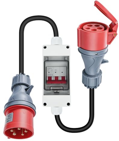 CEE Adapter 32A auf 16A mit MCB 5-Pol Starkstrom Reduzierung 400V, 32A Stecker auf 16A Kupplung, H07RN-F 5G2.5 Industriekabel 1m IP44 Überlastschutz für EV Ladegeräte Wohnmobil Camping Baustelle