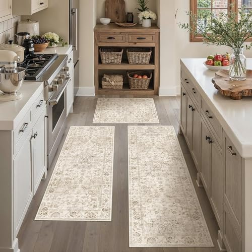 WondRg Neutral Kitchen Rug Set of 3 Washable Beige Vintage Kitchen Mats for Floor Non-Slip Kitchen Runner Rug Soft Low Pile for Bathroom Laundry Hallway Sink Entryway