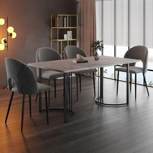 Rechteckiger Esstisch mit 4 Stühlen Set für 4 Personen MDF Tischplatte Esszimmerstuhl mit Diamantmuster Verstellbare Stuhlbeine für Wohnzimmer Küchen Sitzgruppe Grau