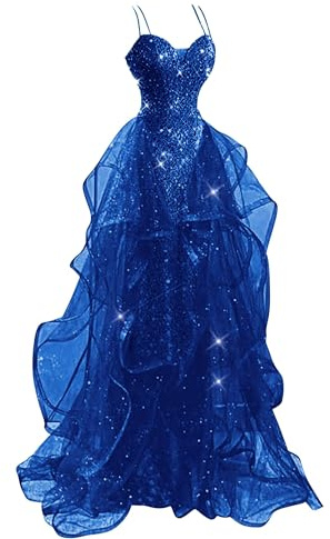 HAIBFJIN Pailletten Abendkleid Lang Spaghettiträger Ballkleider Mit Tüll Glitzer Quinceanera Kleider Abendkleider Elegant