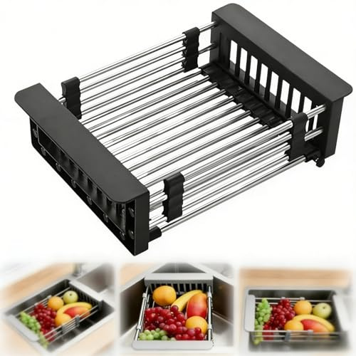 Cesta de drenaje extensible para fregadero de cocina, escurridor telescópico, accesorio multifuncional para escurrir verduras, frutas y platos (negro,Piccolo)