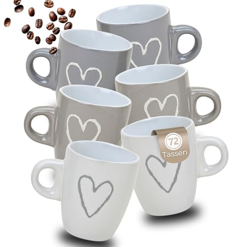 Tazze da caffè da 72 pezzi, decorazione a forma di cuore, 50 ml, in gres porcellanato, moka, manico
