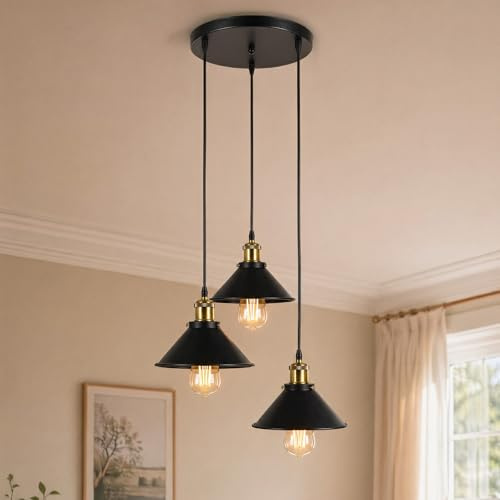 Emitto Black Ceiling Light, Industrial 3-Light Pendant Light Fitting, Metal Hanging Ceiling Lamp for Kitchen Bedroom Dining Room Hallway Entryway, Adjustable Height, E27 Base (No Bulbs)
