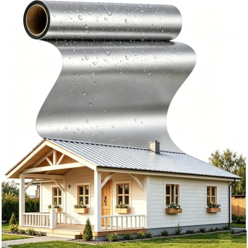 Dachfolie Aluminium 1x5m/5㎡, selbstklebend mit Starkem Bitumenkleber-Einfache Installation, alternativ zu Dachpappe EPDM-Folie, für Gartenhäuser, Garagendächer und Schuppen