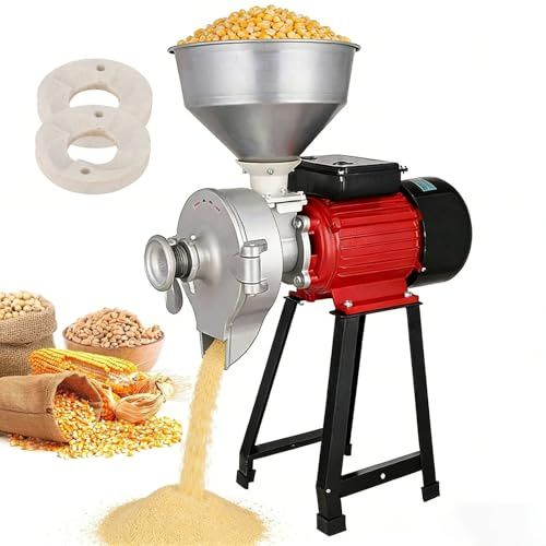 Macchina per Farina Elettrica 3000W Uso Secco e Umido Mulino per Cereali Professionale Trituratore per Mais e Grano con Imbuto in Acciaio Inox Robusto 140mm