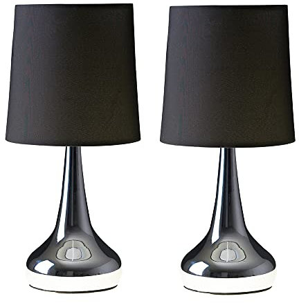 MiniSun | Modern Chrome Teardrop Touch Table Lamps with Black Fabric Shades | Table Lamps, Home Décor & Improvement Essential | Set of 2