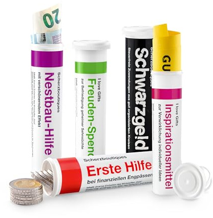 Geld- & Geschenkröhrchen MIX SET Nr. 1 im Medikamenten-Stil, 5 x lustige Motive zum Geld-verschenken, origineller Geldgutschein für Weihnachten Nikolaus Hochzeit Konfirmation Jugendweihe Umzug