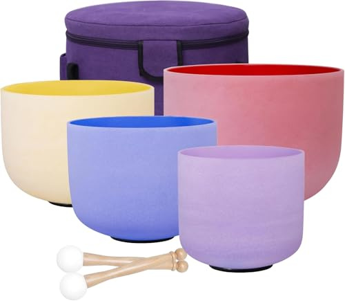 ENERGYSOUN 432 Hz Coloured Frosted 12 Inch C 10 Inch E 7 Inch Chakra Quartz Crystal Singing Bowl Set