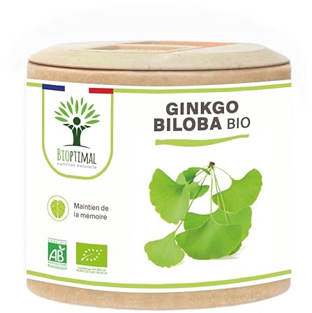 Ginkgo Biloba bio - Bioptimal - Complément alimentaire - Mémoire Concentration Circulation Vertige - Poudre de Feuille Pure - 250 mg par Gélule - Fabriqué en France - Certifié par Ecocert - 60 gélules