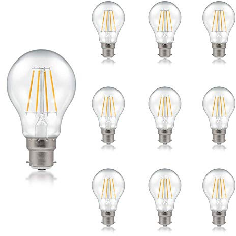 Crompton Lamps LED GLS 7.5W BC-B22d Dimmable Filament (10 Pack) (60W Equivalent) 2700K Warm White Clear 806lm BC Bayonet B22 Multipack Light Bulbs