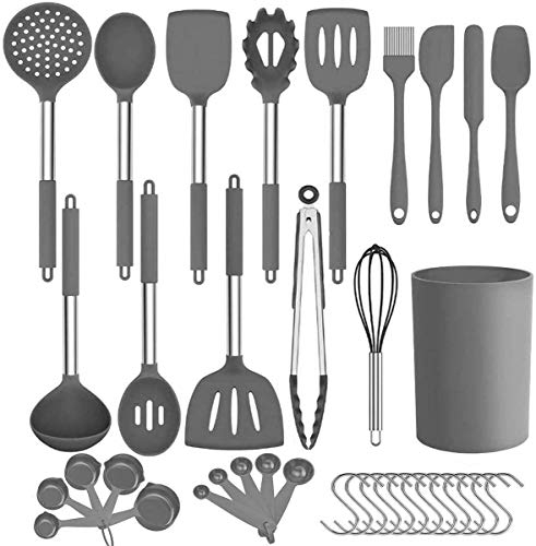 Kitchen Utensils Set, 25pcs Silicone Utensils Set with Plastic Holder Spatulas Turner Measuring Cups Spoons Whisk Brush Heat Resistant Stainless Steel Handle with Silicone Grip Gray Color