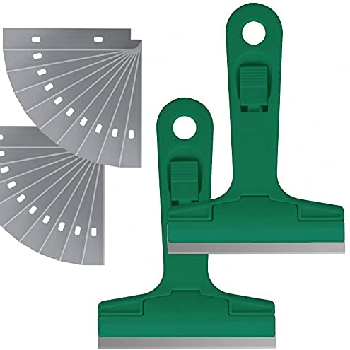 2pack 5.5 inches Industry Glass Scraper Scraping Hand Tool, T Shape Razor Blade Scraper with 20x Blades, Steel Scraping Knife for Window Stove Windshield Aquarium Tile Floor Wall Cleaning (Green)