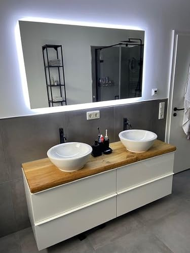 Waschtischplatte Holzplatte Eichenplatte Eiche massiv Holz Natur Naturkante Baumkante runde Kante für Waschbecken Armatur Brett geölt behandelt wasserfest Badezimmer Unterschrank 60cm x 50cm x 4cm