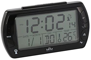 Kunststoffwecker MPM - Wecker, Wiederholungsalarm, Funkgesteuert, Licht, Thermometer, Datum/Tag, Wecker für Haushalt, Schlafzimmer, Bürowecker, 2X AAA Mikrobleistiftbatterie, 120 x 64 x 40 mm