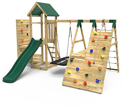 Rebo® Wooden Climbing Frame with Vertical Rock Wall, Swing Set and Slide - Crestone | OutdoorToys | Kids' Outdoor Wooden Garden Play Equipment, Children's Jungle Gym