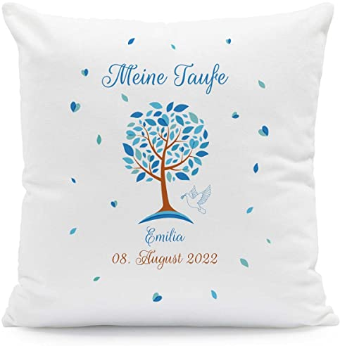 GRAVURZEILE Cojín con diseño de árbol de la vida - Regalo para bautizo - Personalizado con nombre y fecha - Regalo para bebé para niños y niñas - Tamaño con relleno, color azul